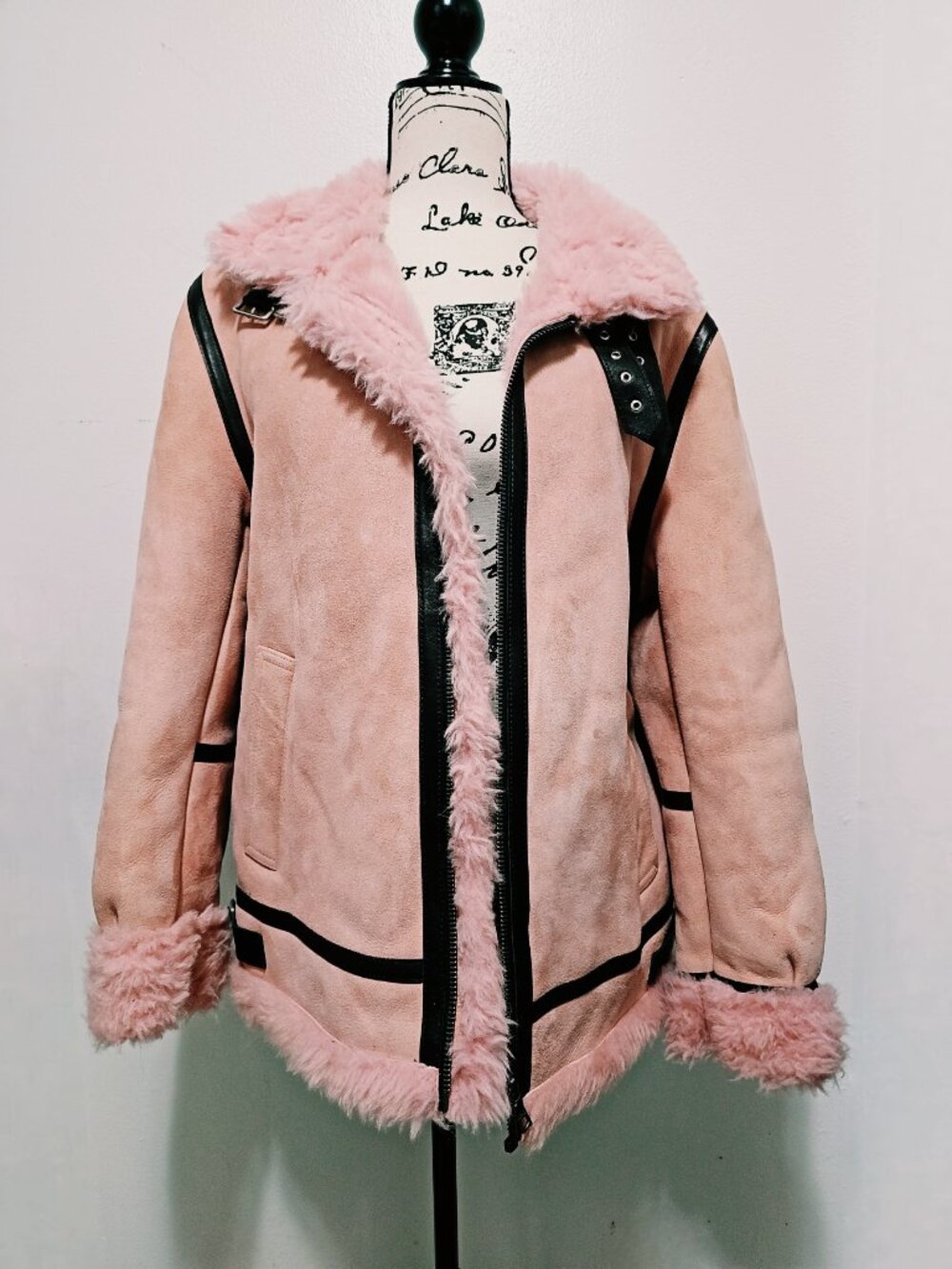 NewReal Sheepskin Shearling Lamb Fur Suede Leather Coat Jacket Pink Coral Biker - Picture 4 of 8